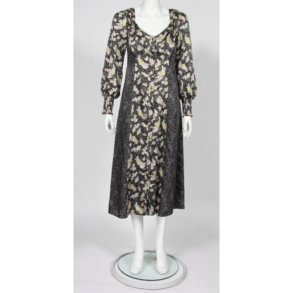 NWT Cinq a Sept Jessica Paneled Printed Satin-Twill Midi Dress in Black XS /701 - Picture 2 of 7